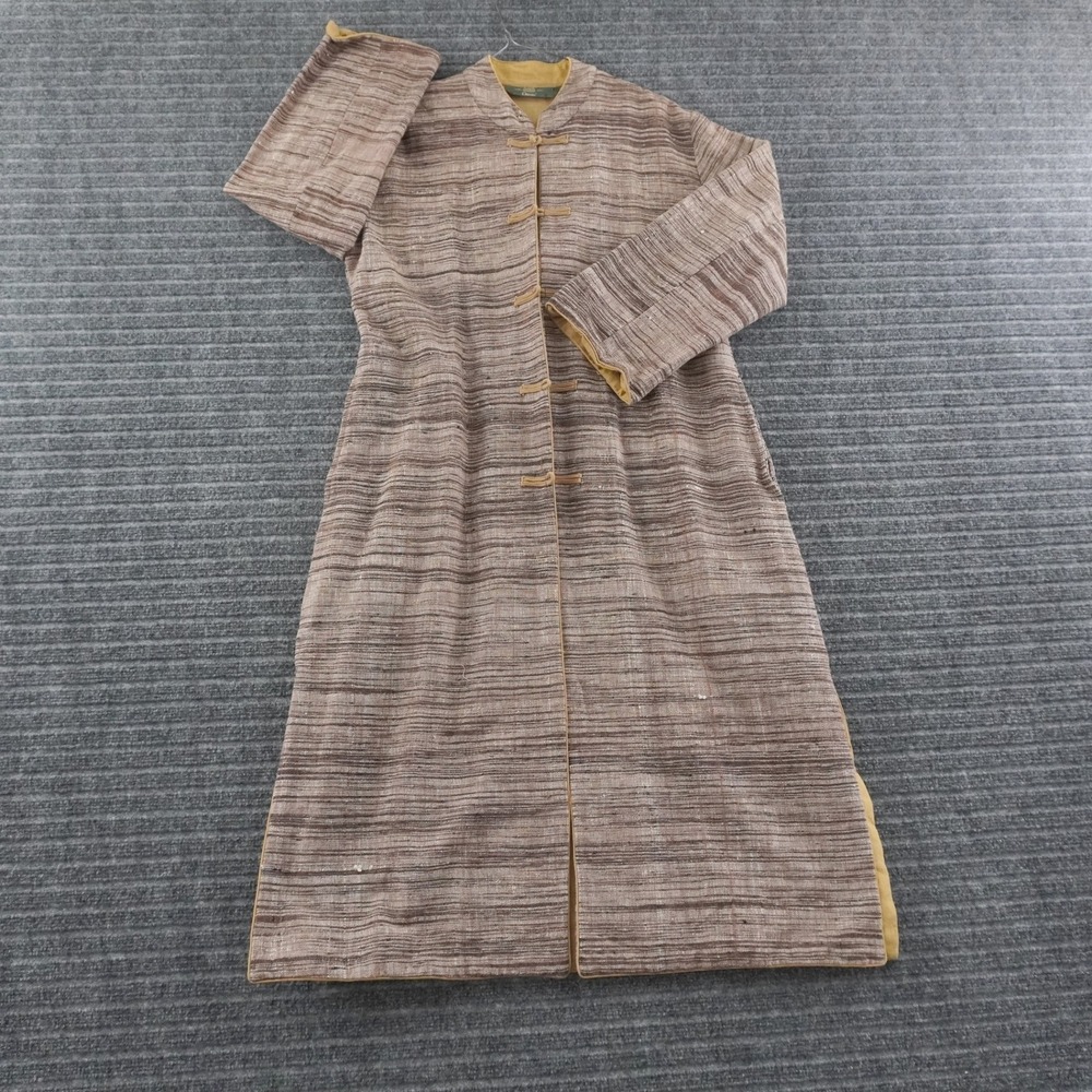 Vintage Orvis Longline Jacket Womens Small Brown Striped Mandarin Toggle